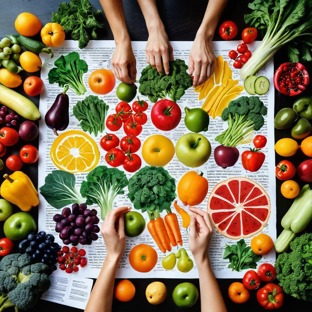 An inspiring collage depicting an array of colorful fruits and vegetables symbolizing nutrition, intertwined with a supportive network of hands holding research papers and health guides. In the background, a sunlit path representing a journey to recovery, with a sense of hope and resilience. The atmosphere feels uplifting and positive. vibrant colors. super-realistic.