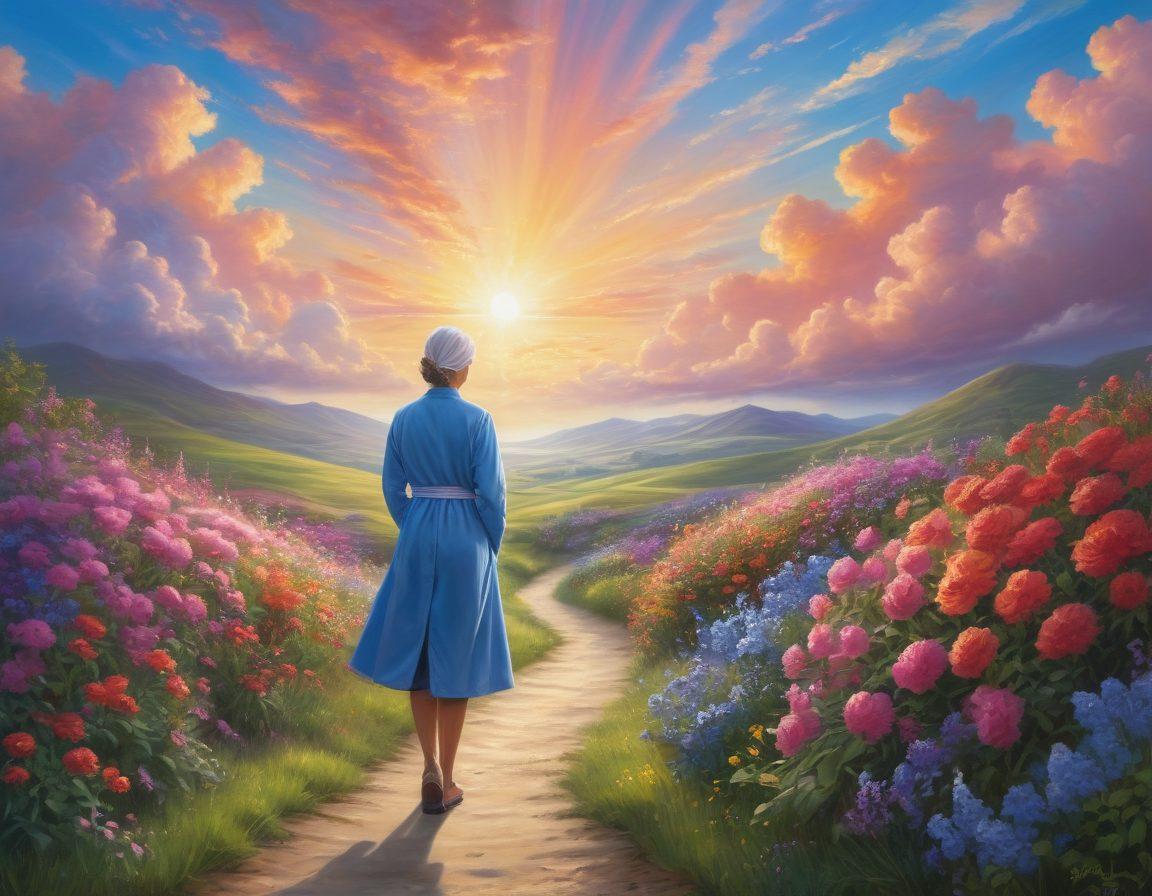 A serene landscape depicting a cancer survivor standing confidently on a path that symbolizes their journey, with vibrant flowers blooming alongside, representing hope and resilience. In the background, a gentle sun rises, symbolizing a new beginning and optimism. Soft clouds weave through a blue sky, suggesting support and guidance throughout the recovery process. Incorporate subtle medical elements like a stethoscope or ribbons to signify cancer awareness. vibrant colors. super-realistic.