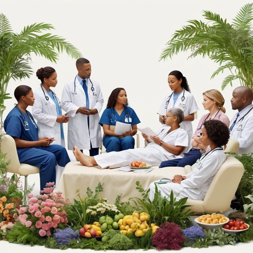 A serene hospital setting showing diverse medical professionals discussing treatment plans with patients, surrounded by symbols of hope like a ribbon and healing plants. Incorporate elements representing prevention—like healthy food and exercise icons—blending with imagery of support groups and survivors sharing stories. soothing pastel colors. super-realistic. white background.